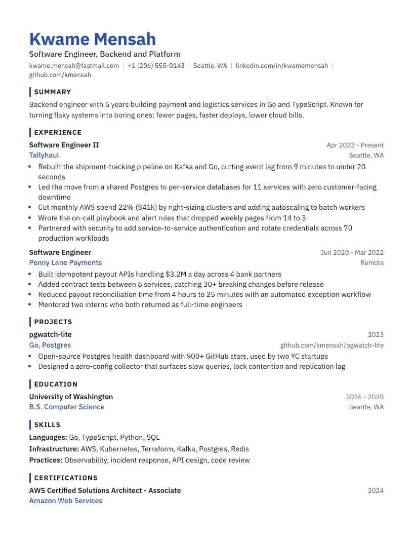 Modern one-page resume template for a backend software engineer