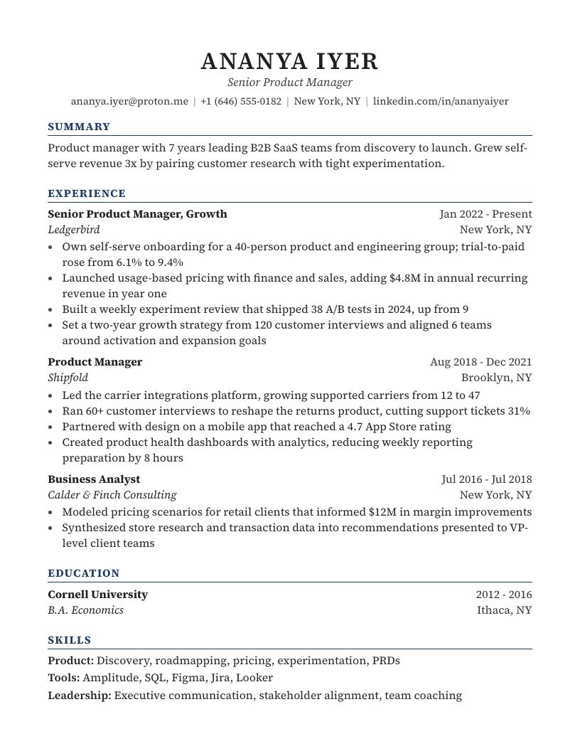 Classic serif one-page resume template for a senior product manager
