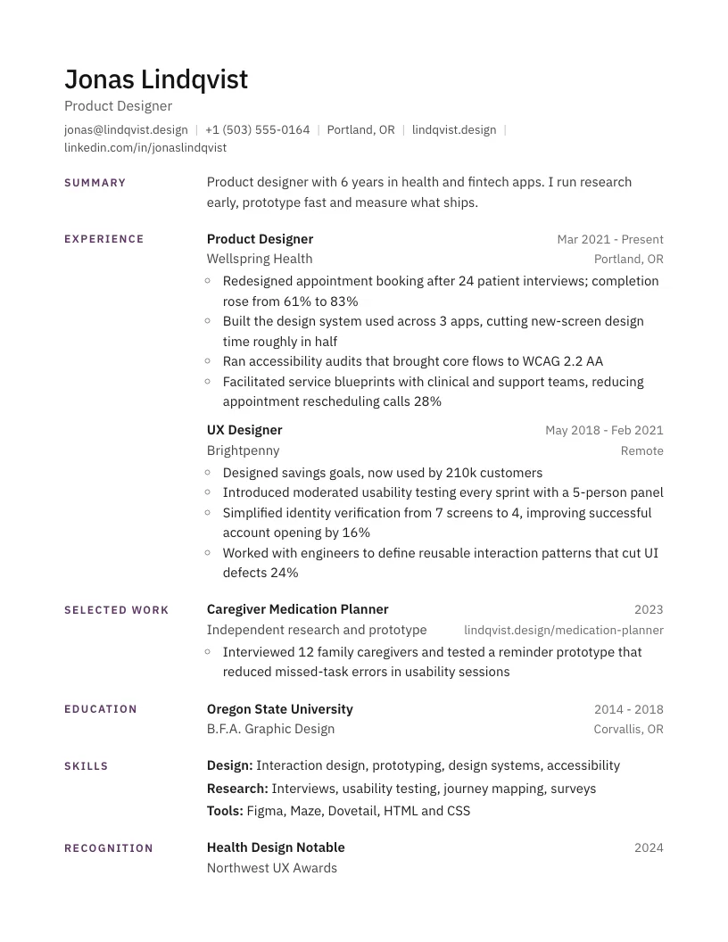 UX Designer resume template
