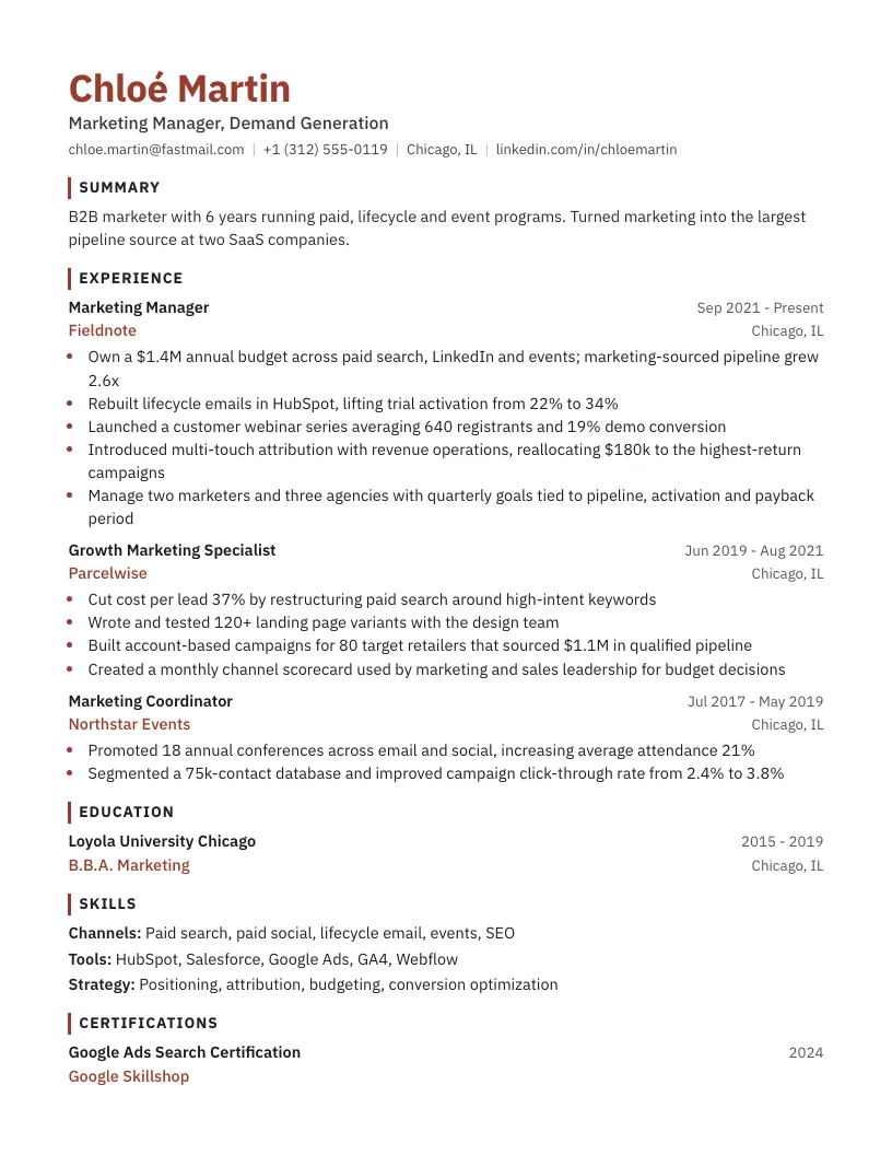 One-page resume template for a marketing manager, with a red accent and sans-serif headings