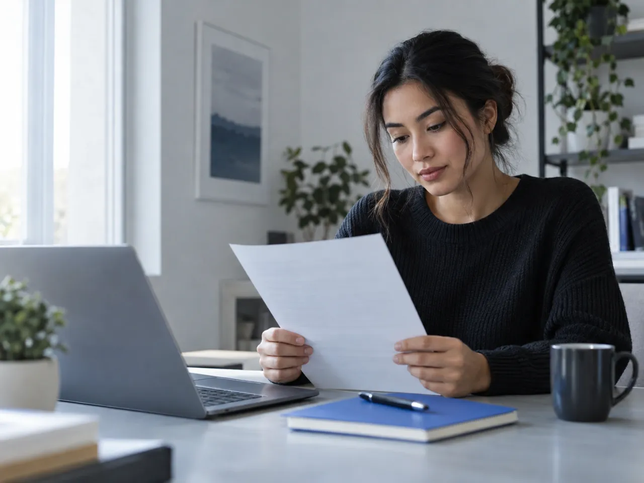 A professional reviewing a resume beside a laptop
